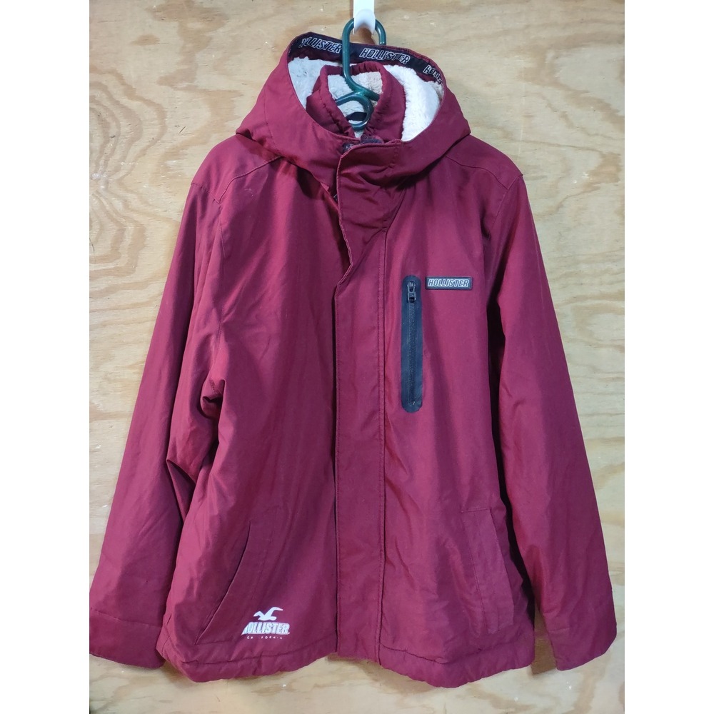 Hollister All-Weather Collection Hooded Jacket Maroon Faux Shearling Lined XL
